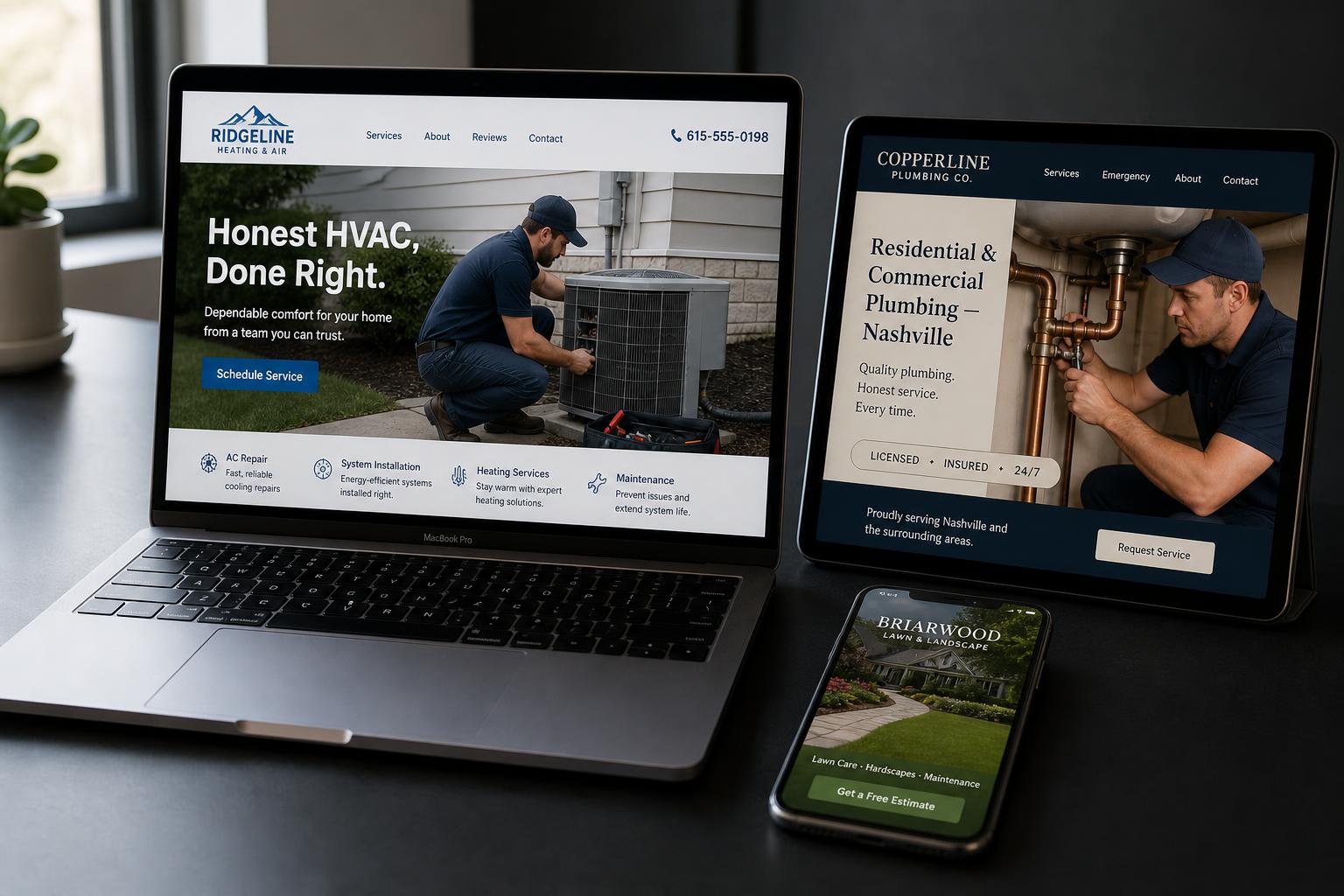 Premium website mockups on laptop, tablet, and phone